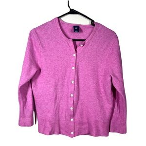 GAP 100% Cashmere Fuchsia Pink Crewneck Cardigan Sweater 3/4 Sleeves Size Large